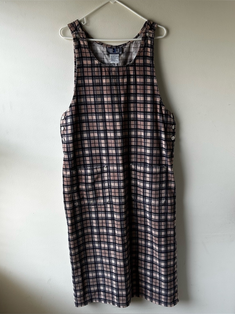 Vintage Y2K Cottagecore True Blue Corduroy Midi Modest Cotton Jumper Dress Plaid